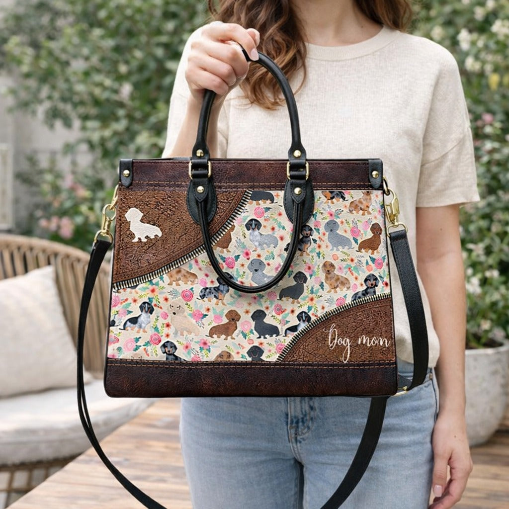 Dachshund With Floral Leather Handbag, Dachshund Wallet/Shoulder Bag, Custom Pet Bag, Retro Handbag, Dog Mom Bag Gift