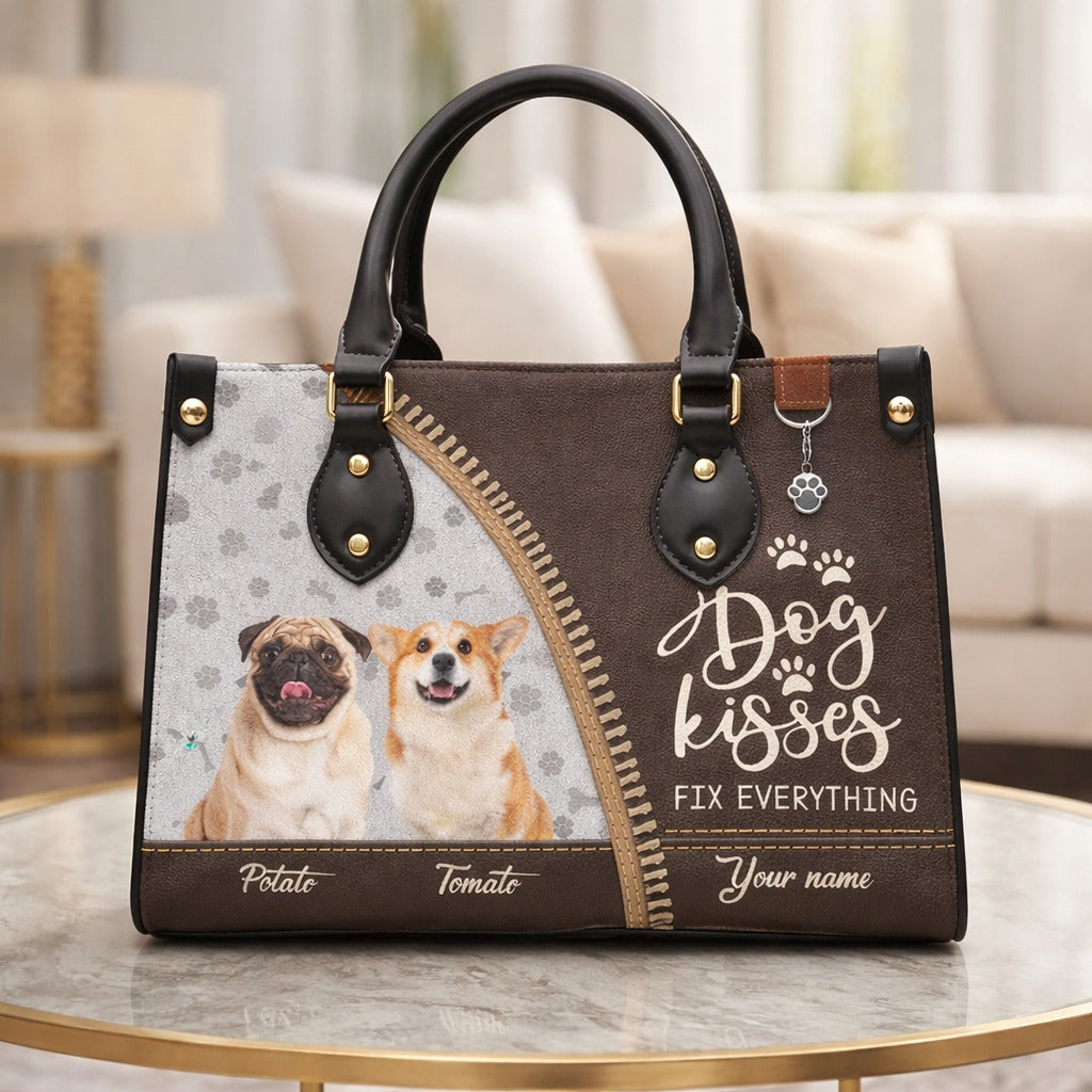 Personalized Dog Kisses Leather Handbag, Dog Love Wallet/Shoulder Bag, Custom Pet Bag, Retro Handbag, Dog Mom Bag Gift