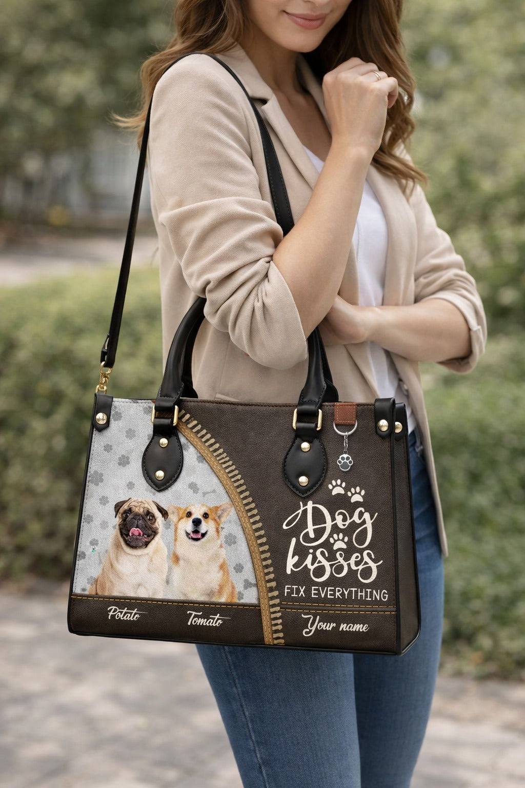 Personalized Dog Kisses Leather Handbag, Dog Love Wallet/Shoulder Bag, Custom Pet Bag, Retro Handbag, Dog Mom Bag Gift