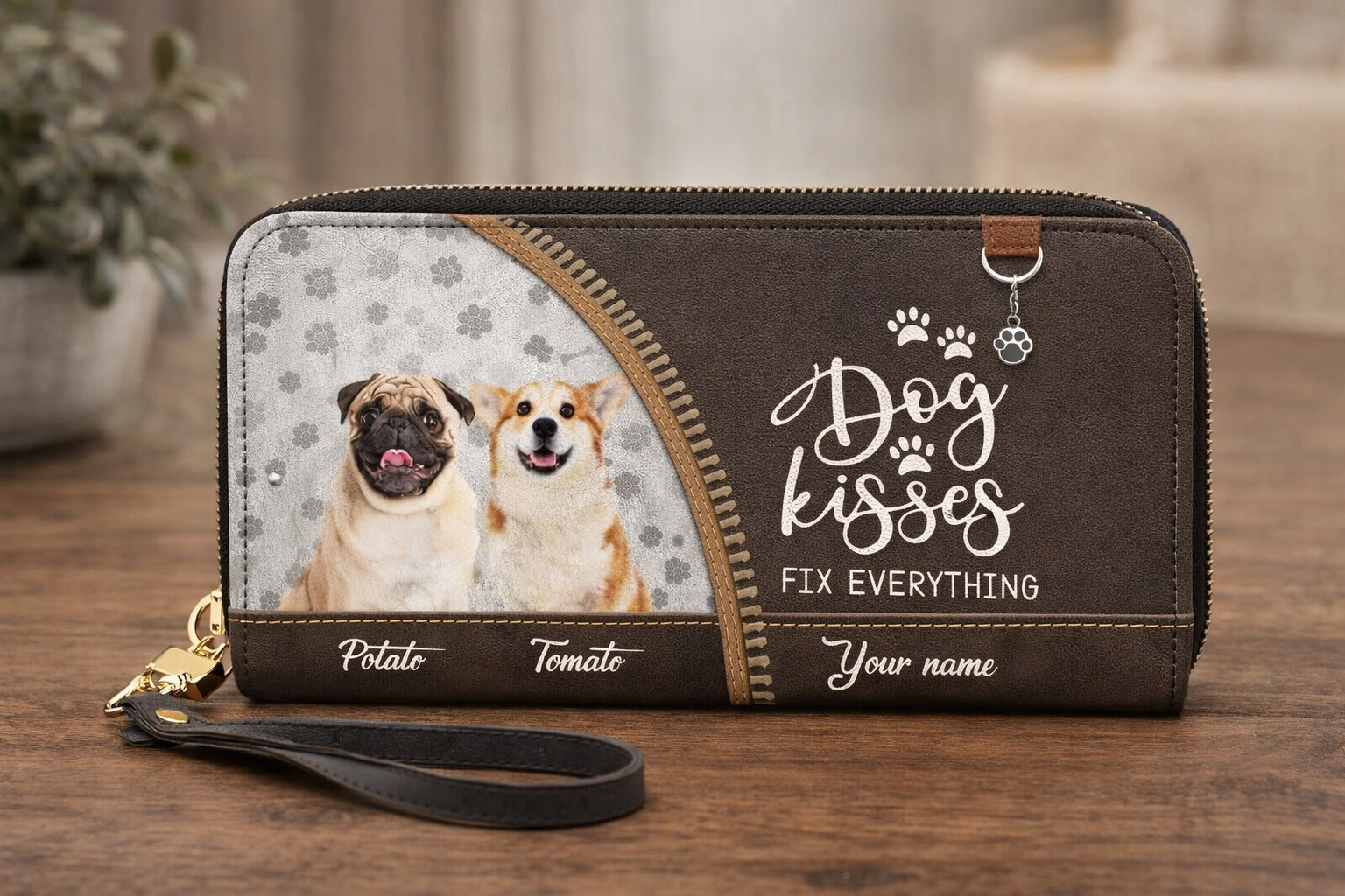 Personalized Dog Kisses Leather Handbag, Dog Love Wallet/Shoulder Bag, Custom Pet Bag, Retro Handbag, Dog Mom Bag Gift
