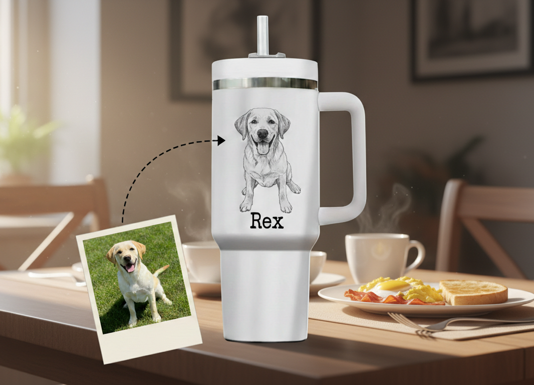 Custom Pet Photo Tumbler 40oz With Handle, Dog Photo Tumbler, Puppies Tumbler with Straw, Dog Lover Tumbler, Favorite Pet Tumbler, Stainless Steel Tumbler