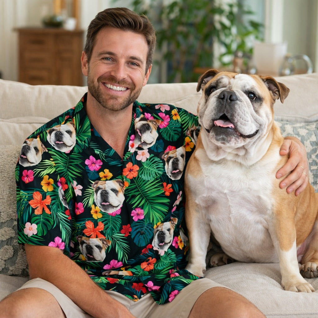 Personalized Photo Hawaiian Shirt, Custom Dog Cat Face Holiday Tropical Pattern Shirt, Beach Shirt, Hawaiian Shirt, Summer Shirt, Funny Pet Shirt