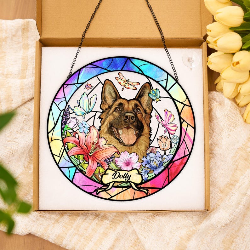 Personalized Pet Portrait Stained Glass Suncatcher, Custom Dog Cat Portrait from Photo, Pet Keepsake, Pet Loss Gift, Memorial For Pet