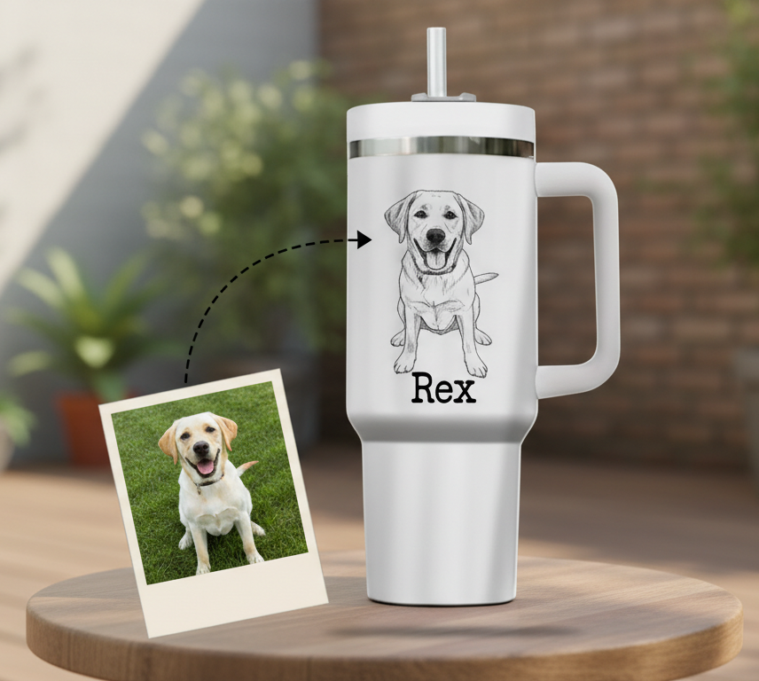 Pet Photo Sketch Tumbler 40 oz With Handle - Personalized Dog & Cat Tumbler With Name - Gift For Pet Lovers