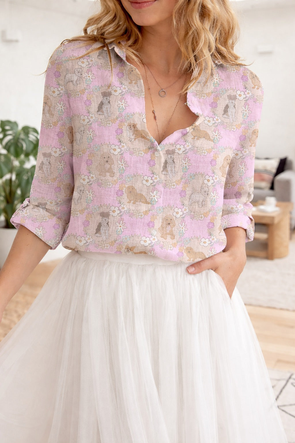 Floral Dog Print Blouse for Women, Puppy Lover Shirt, Cute Pastel Pet Pattern Top, Casual Button Up Blouse, Gift for Dog Mom