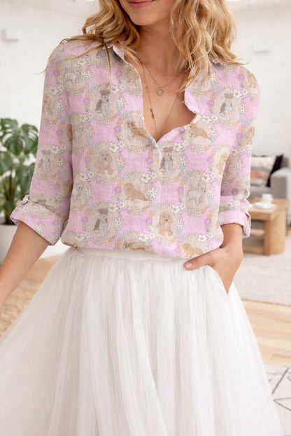 Floral Dog Print Blouse for Women, Puppy Lover Shirt, Cute Pastel Pet Pattern Top, Casual Button Up Blouse, Gift for Dog Mom