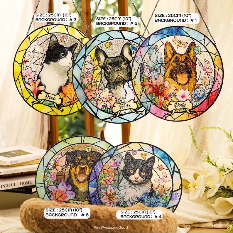 Personalized Pet Portrait Stained Glass Suncatcher, Custom Dog Cat Portrait from Photo, Pet Keepsake, Pet Loss Gift, Memorial For Pet