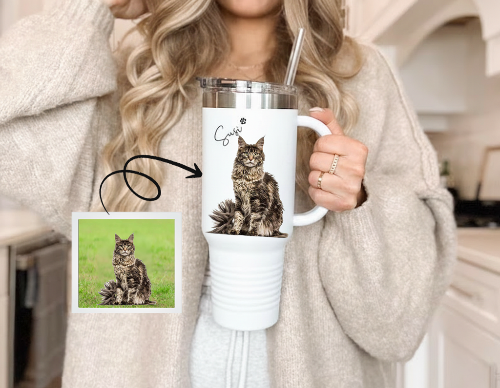 Custom Cat Photo Tumbler, 40oz Tumbler With Handle, Personalized Cat Photo Cup, Photo Mug with Pet Names