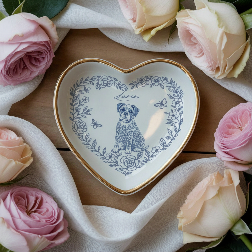 Custom Dog Jewelry Dish, Toile De Jouy Pet Ring Dish , Personalized Pet Portrait Ceramic