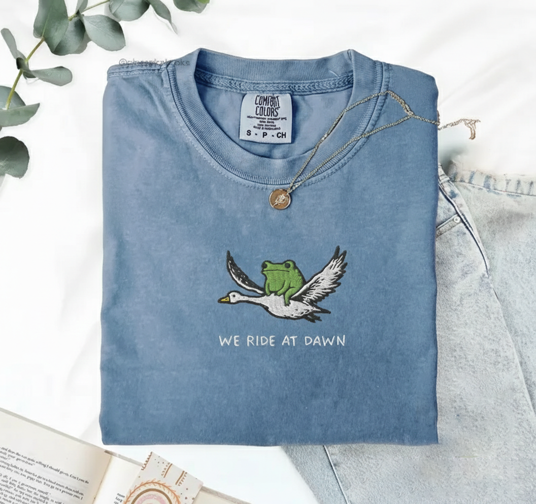 We Ride at Dawn T-Shirt, Funny Frog and Goose Tee, Embroidered Comfort Colors 1717, Chaotic Animal Shirt, Whimsical Gamer Gift