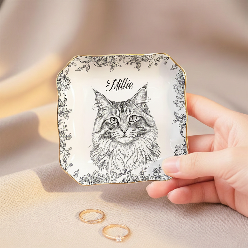 Toile De Jouy Pet Portrait Jewelry Tray - Personalized Ceramic Ring Dish With Pet & Name - Pet Lover Gift