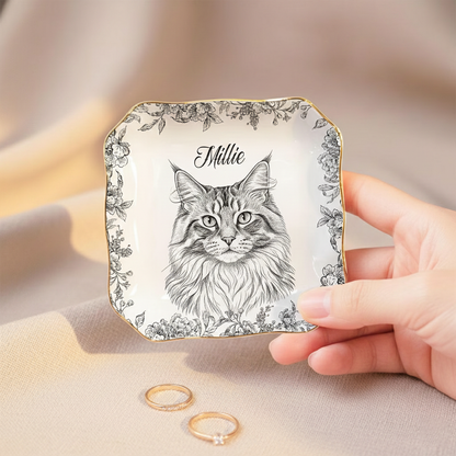 Toile De Jouy Pet Portrait Jewelry Tray - Personalized Ceramic Ring Dish With Pet & Name - Pet Lover Gift