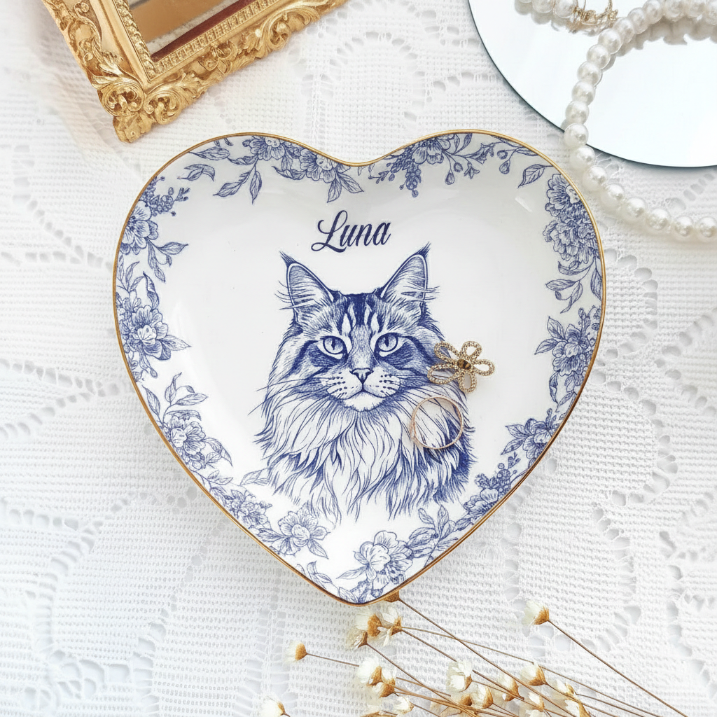 Custom Pet Portrait Jewelry Tray, Toile De Jouy Ceramic Keepsake, Dog Cat Memorial Gift