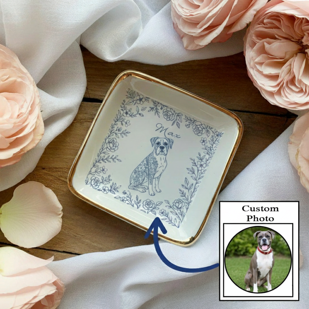 Custom Dog Jewelry Dish, Toile De Jouy Pet Ring Dish , Personalized Pet Portrait Ceramic