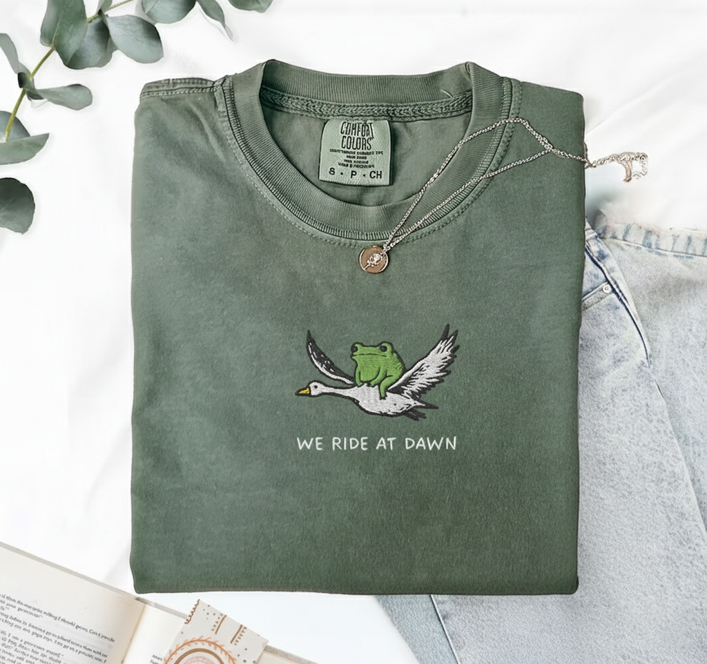 We Ride at Dawn T-Shirt, Funny Frog and Goose Tee, Embroidered Comfort Colors 1717, Chaotic Animal Shirt, Whimsical Gamer Gift