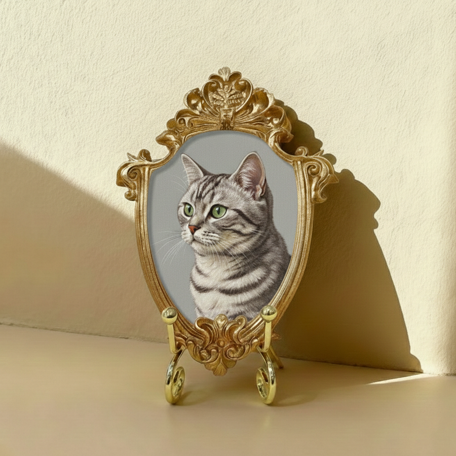 Hand-Painted American Shorthair Portrait From Photo - Personalized Cat Painting In Gold Frame - Cat Mom Gift