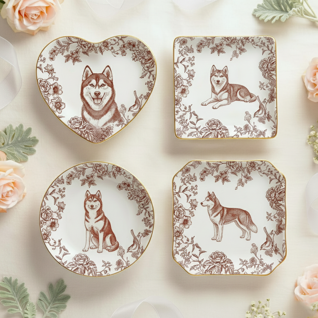Custom Pet Portrait Jewelry Dish Toile De Jouy Ceramic Dish, Custom Dog Cat Jewelry Dish