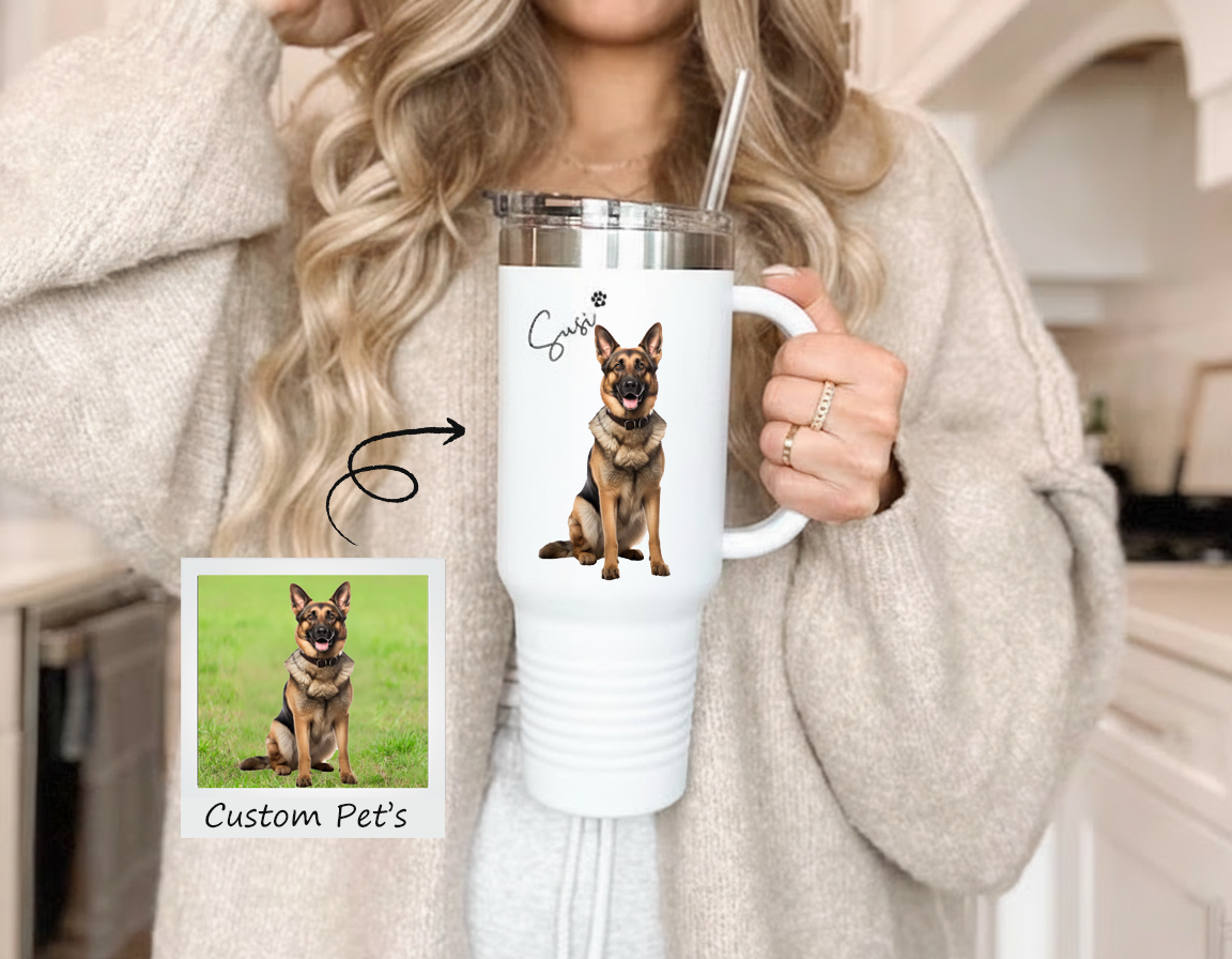 Custom Dog Photo Tumbler With Name & Paw - Personalized 40 oz Dog Portrait Cup - Gift For Dog Lovers