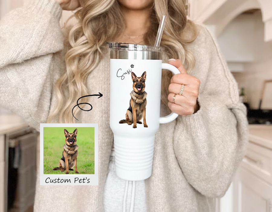 Custom Dog Photo Tumbler With Name & Paw - Personalized 40 oz Dog Portrait Cup - Gift For Dog Lovers