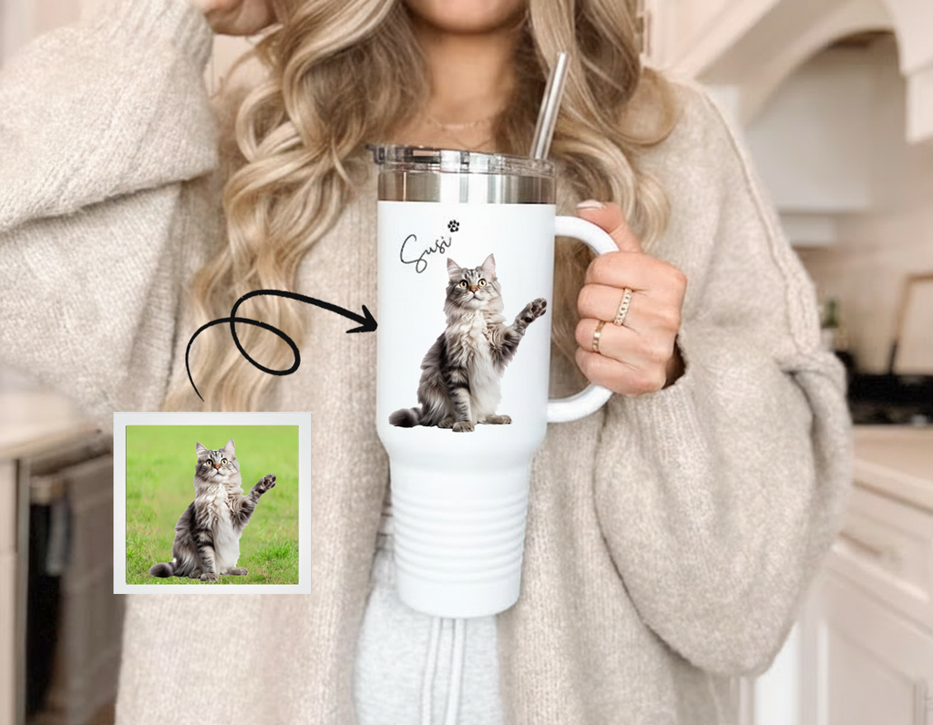 Custom Cat Photo Tumbler, 40oz Tumbler With Handle, Personalized Cat Photo Cup