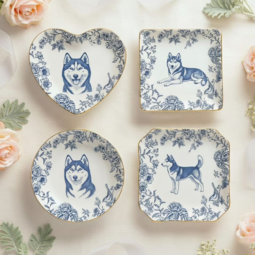 Custom Pet Portrait Jewelry Dish Toile De Jouy Ceramic Dish, Custom Dog Cat Jewelry Dish