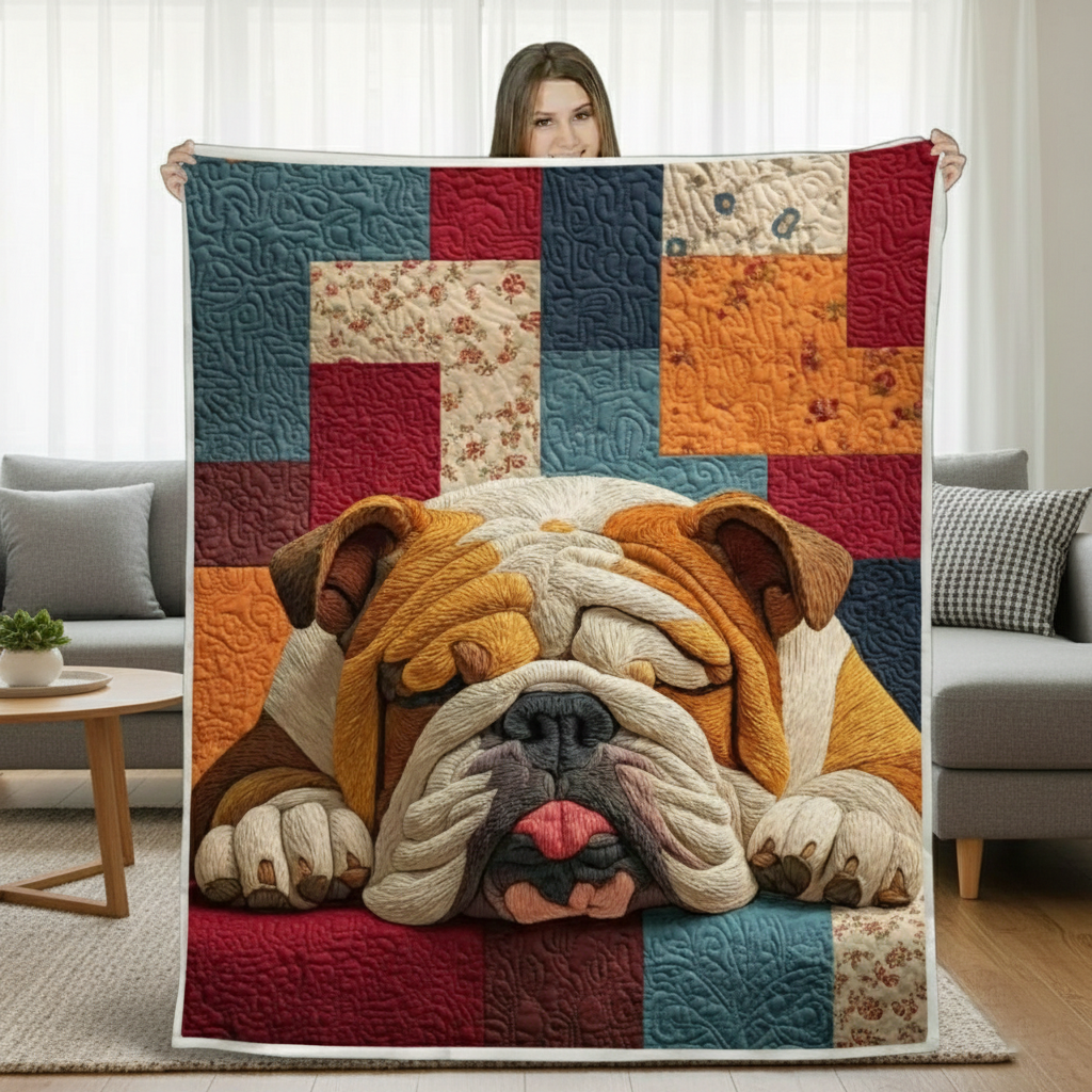 Sleeping Bulldog Quilt Blanket, Dog Throw Blanket, Dog Lover Gift, Quilted Bed Blanket, Dog