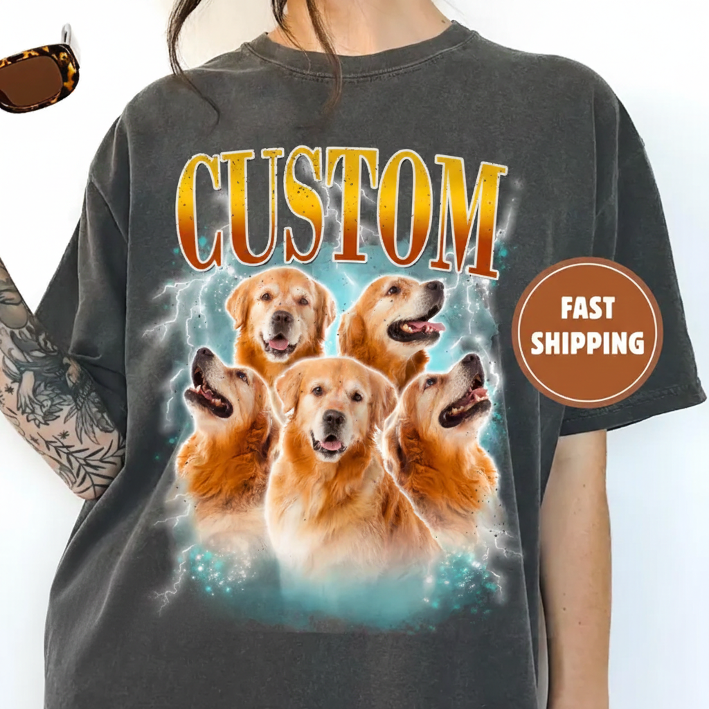 Custom Pet Vintage Bootleg T-Shirt, Retro Personalized Pet Photo + Name Comfort Colors® Shirt, Custom Dog Portrait Top,Design Cat Shirt Tee