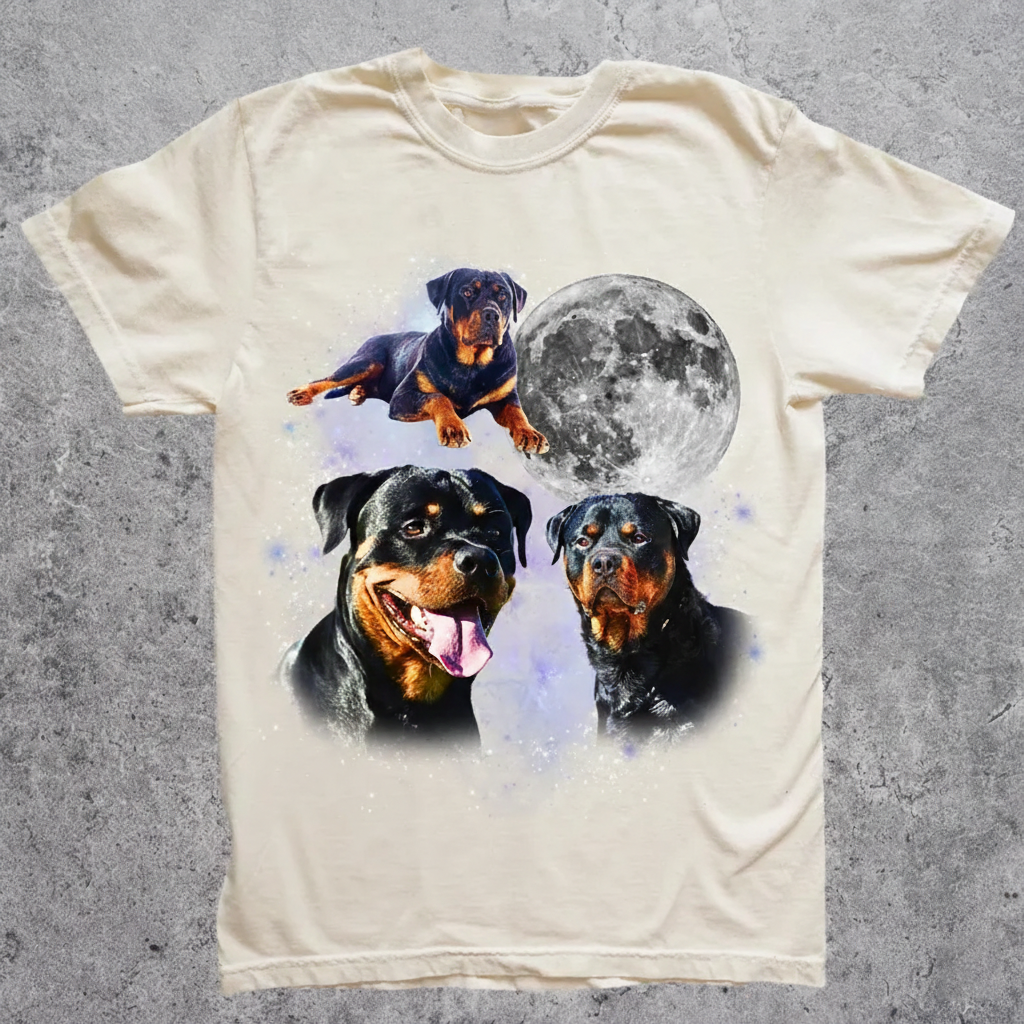 Three Rottweiler Moon Shirt, Space Dog Tee, Cosmic Rottweiler Design, Galaxy Dog Top, Gift for Dog Lovers, Astral Pet Shirt