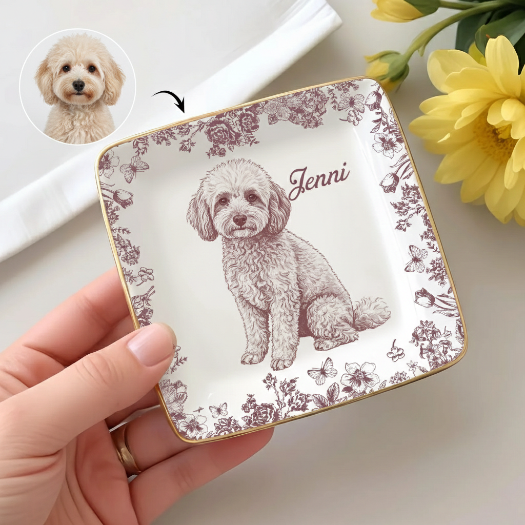 Custom Pet Portrait Jewelry Dish, Jewelry Dish Gift for Pet Lover, Dog Mom Trinket Dish