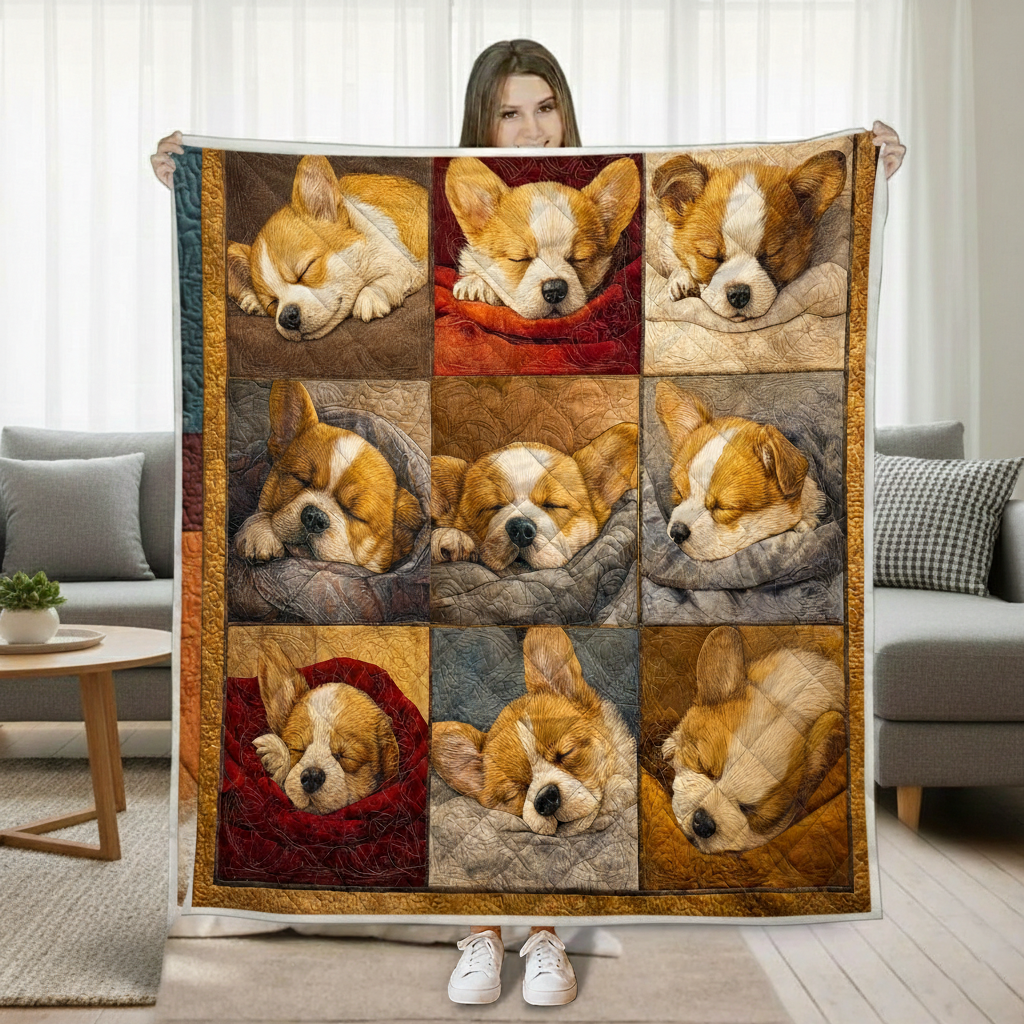 Sleeping Cute Corgi Quilted Blanket, Corgi Dogs Quilt, Corgi Dog Lover Cozy Throw Gift