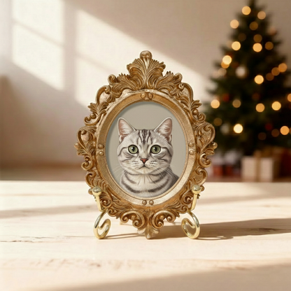 Hand-Painted American Shorthair Portrait From Photo - Personalized Cat Painting In Gold Frame - Cat Mom Gift