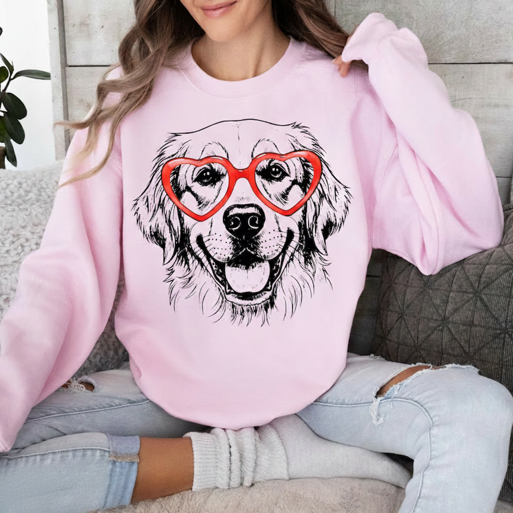 Golden Retriever  Sweatshirt, Dog Lover Gift, Heart Glasses Puppy Shirt, Cute Dog Graphic Pullover, Pet Mom Gift, Cozy Unisex Crewneck