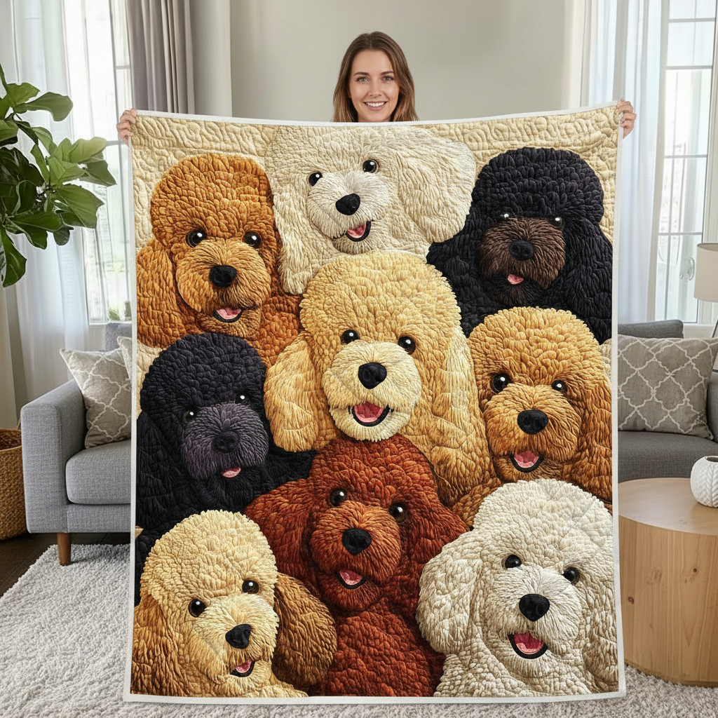 Funny Poodle Dog Quilted Blanket, Cute Puppy Lover Gift, Cozy Pet Throw for Dog Mom Dad