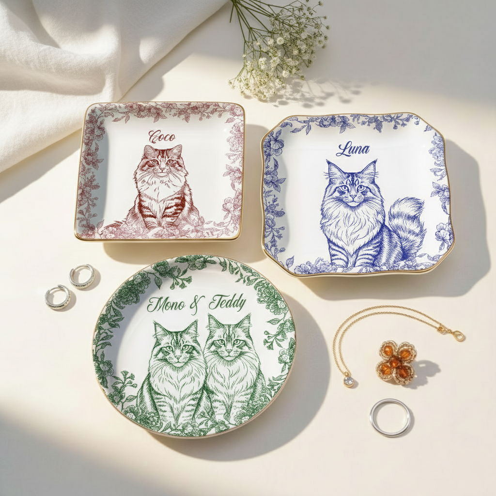 Custom Pet Portrait Jewelry Tray, Toile De Jouy Ceramic Keepsake, Dog Cat Memorial Gift