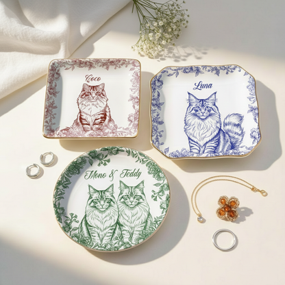 Toile De Jouy Pet Portrait Jewelry Tray - Personalized Ceramic Ring Dish With Pet & Name - Pet Lover Gift