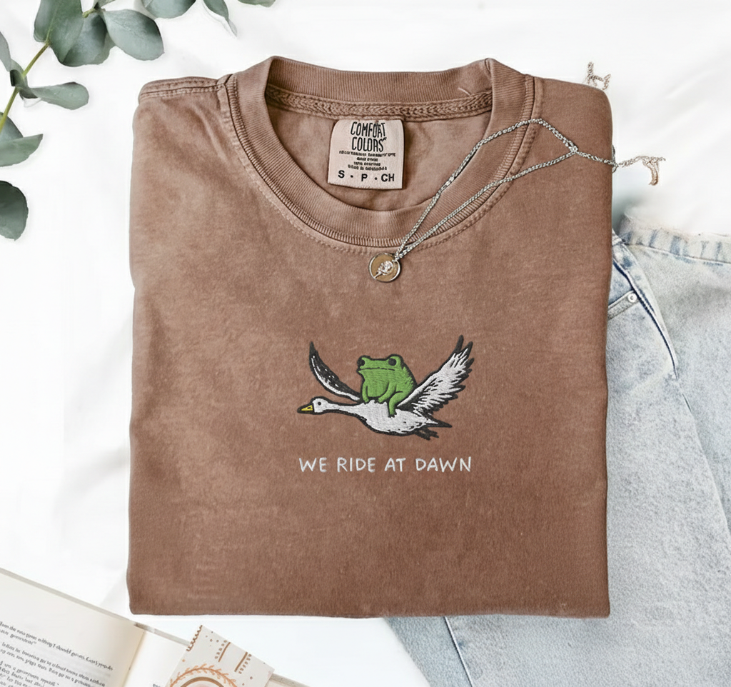 We Ride at Dawn T-Shirt, Funny Frog and Goose Tee, Embroidered Comfort Colors 1717, Chaotic Animal Shirt, Whimsical Gamer Gift