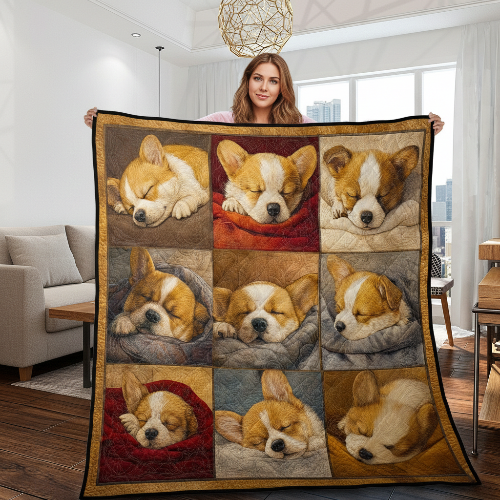 Sleeping Cute Corgi Quilted Blanket, Corgi Dogs Quilt, Corgi Dog Lover Cozy Throw Gift
