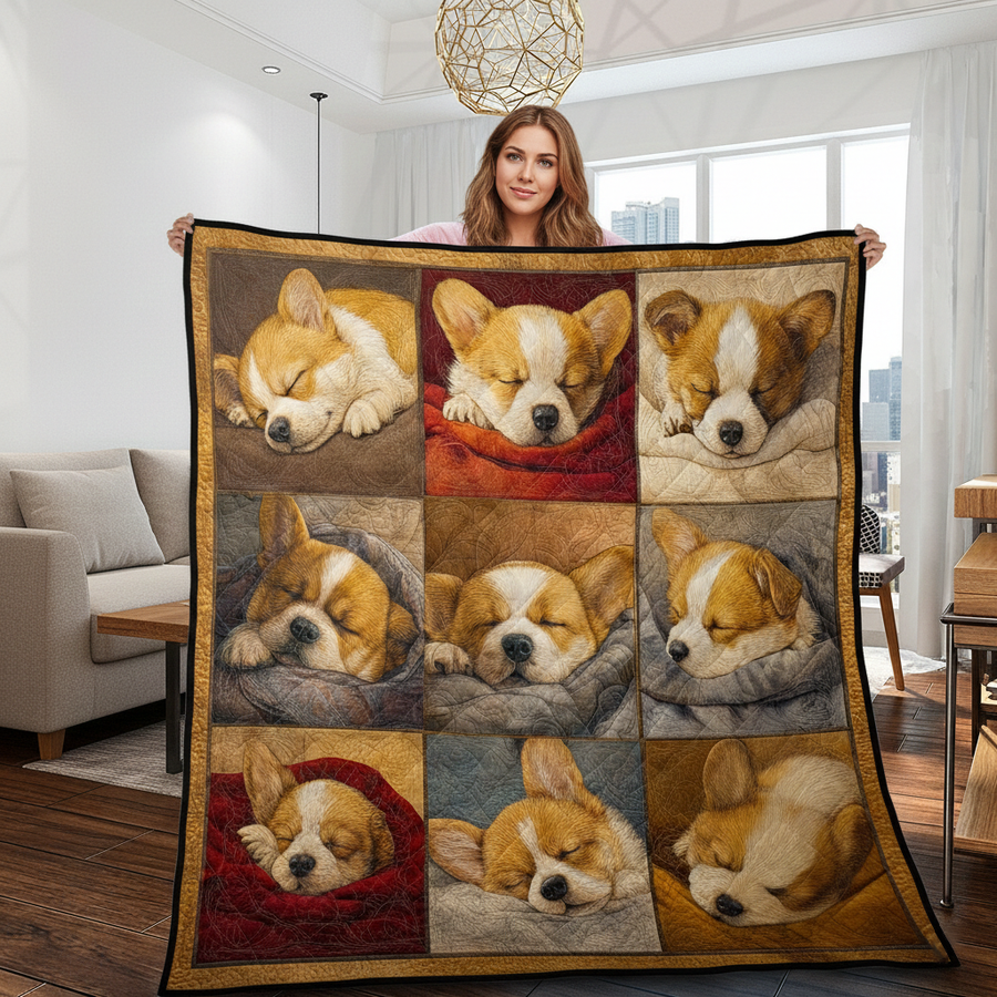 Sleeping Corgi Puppies Quilt Blanket - Cozy Patchwork Quilted Throw for Sofa & Bed - Gift For Corgi Lovers