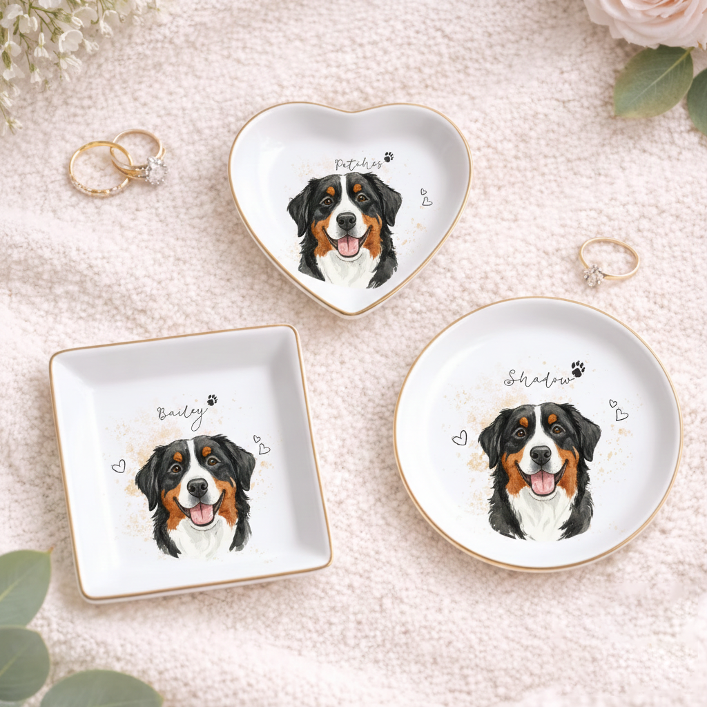 Custom Pet Photo Ring Dish | Personalized Watercolor Keepsake | Dog Portrait Ceramic Jewelry Trinket Dish