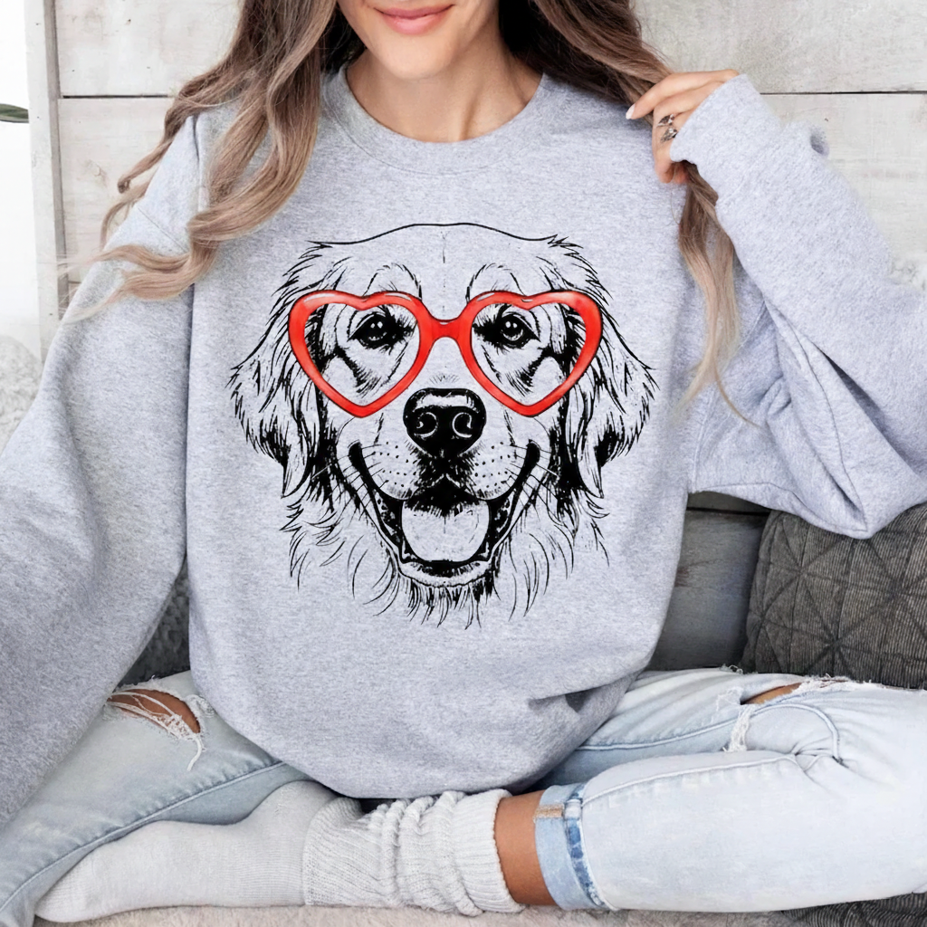 Golden Retriever  Sweatshirt, Dog Lover Gift, Heart Glasses Puppy Shirt, Cute Dog Graphic Pullover, Pet Mom Gift, Cozy Unisex Crewneck