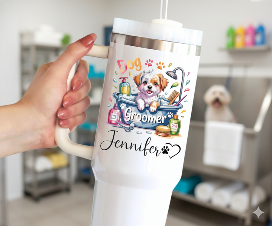 Personalized Dog Groomer Tumbler With Name - 40 oz Bathtub Puppy Groomer Cup, Or Your Pet - Gift For Groomer