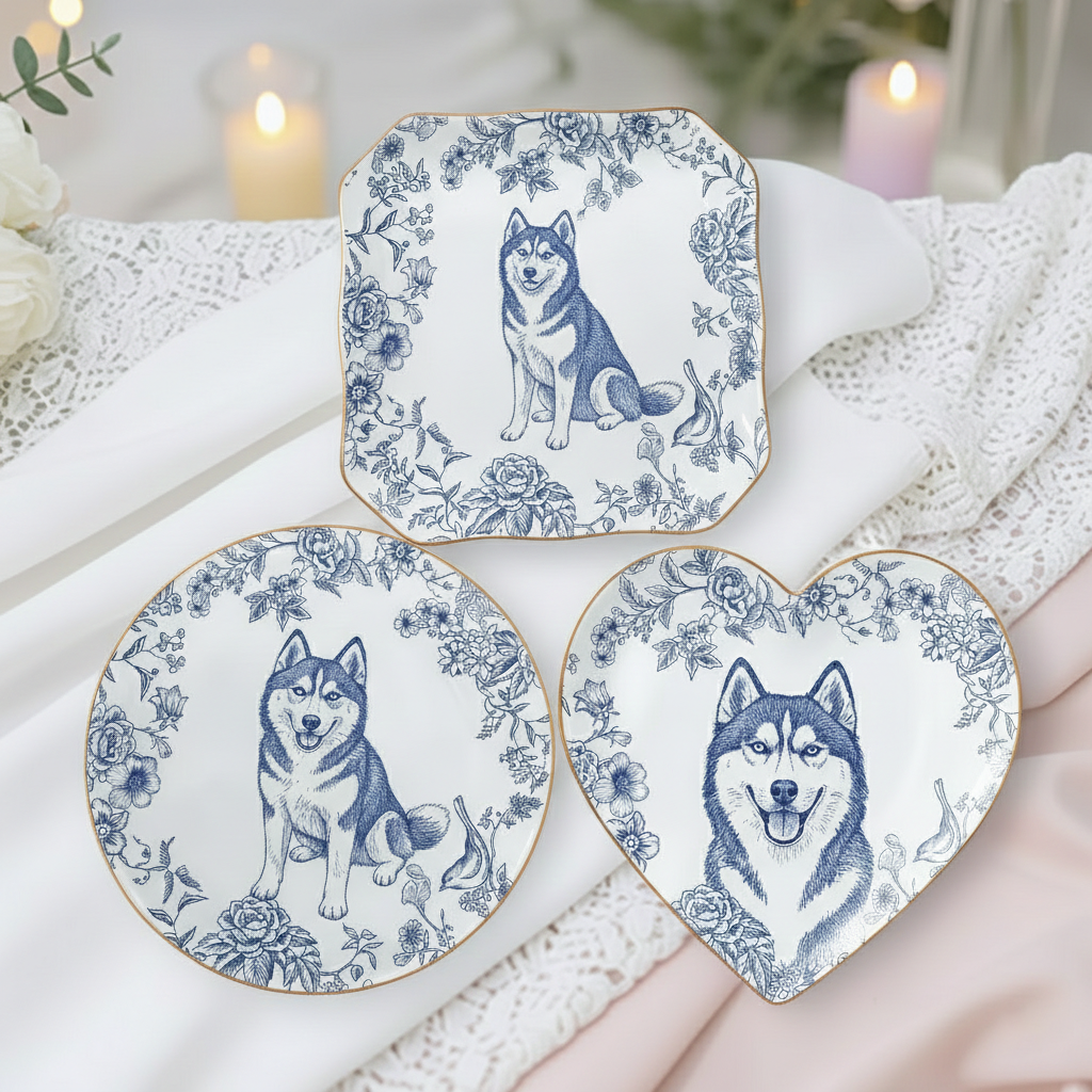 Custom Pet Portrait Jewelry Dish Toile De Jouy Ceramic Dish, Custom Dog Cat Jewelry Dish