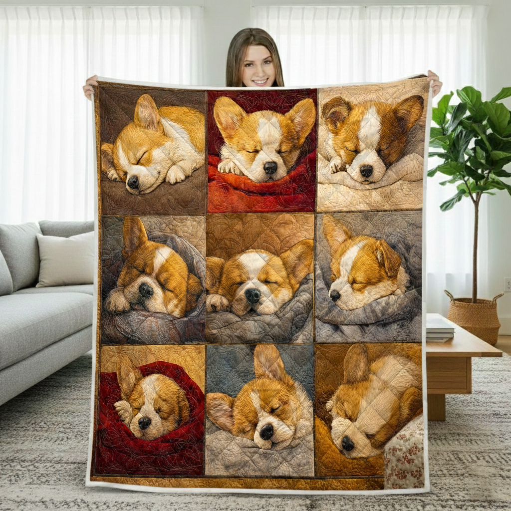 Sleeping Cute Corgi Quilted Blanket, Corgi Dogs Quilt, Corgi Dog Lover Cozy Throw Gift