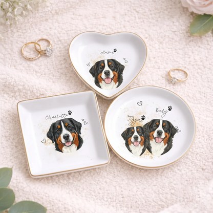 Watercolor Pet Portrait Ring Dish - Personalized Ceramic Jewelry Dish With Pet Photo & Name - Pet Lover Gift