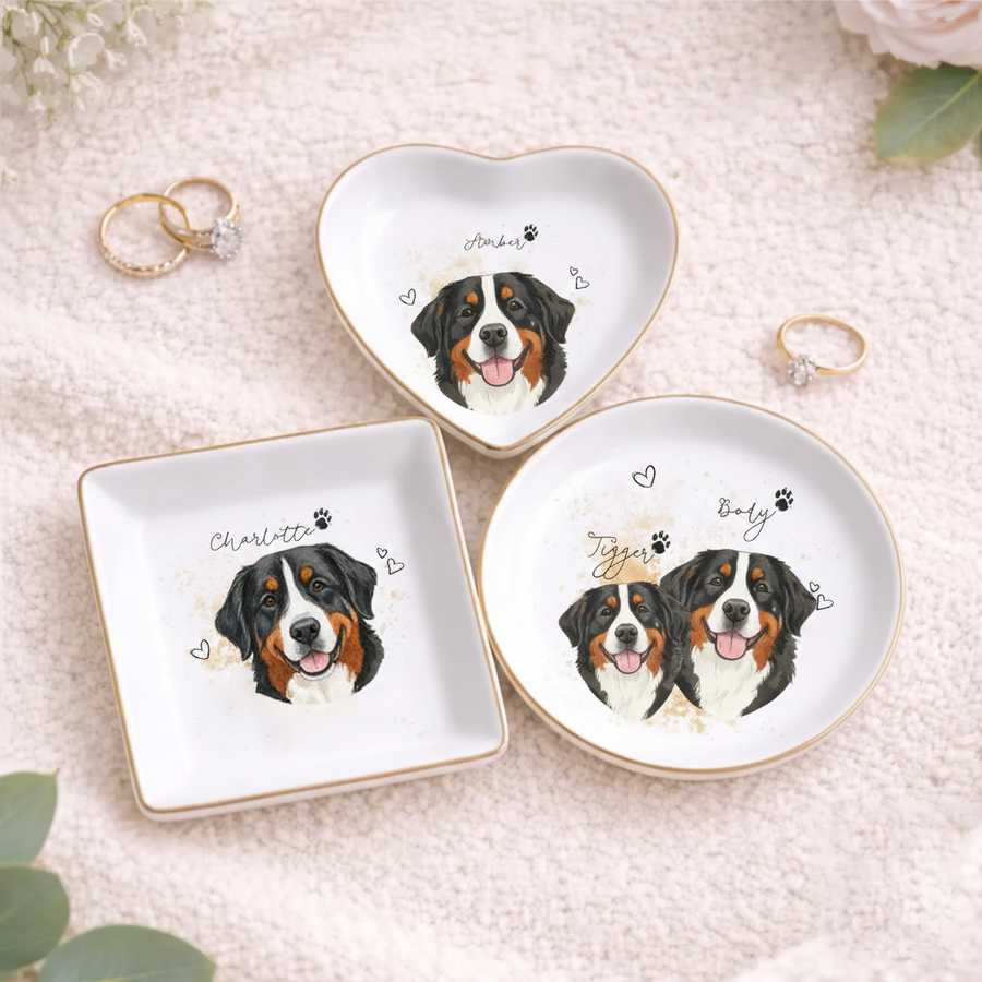 Watercolor Pet Portrait Ring Dish - Personalized Ceramic Jewelry Dish With Pet Photo & Name - Pet Lover Gift