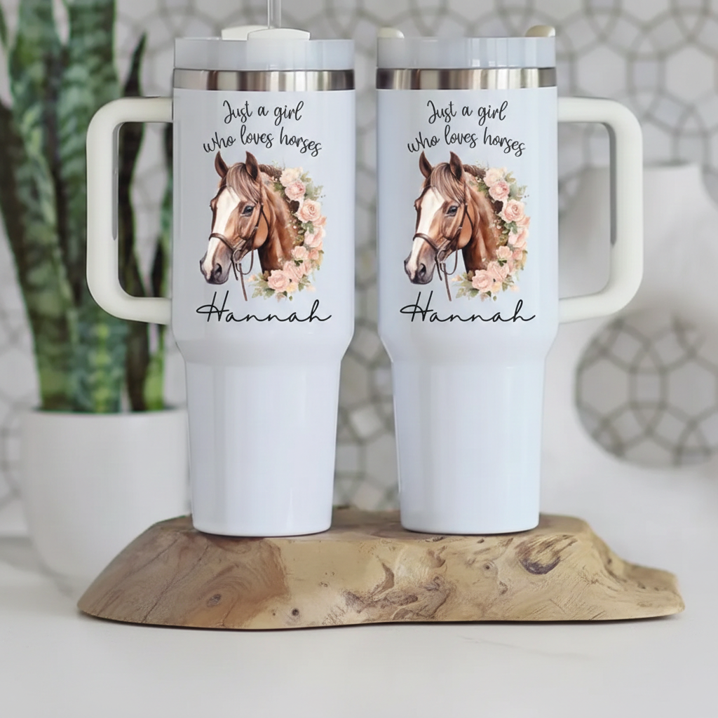 Personalized Horse 40oz Tumbler with Handle, Custom Horse Travel Mug, Equestrian Gift for Women & Girls, Horse Lover Cup