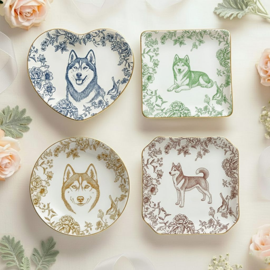 Custom Pet Portrait Jewelry Dish Toile De Jouy Ceramic Dish, Custom Dog Cat Jewelry Dish