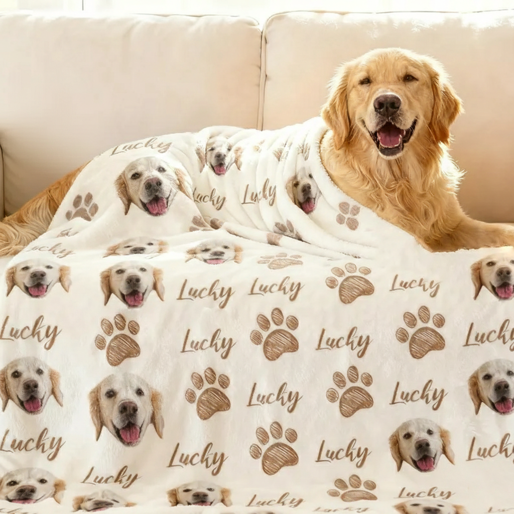 Custom Pet Face Blanket, Personalized Dog Cat Name, Soft Fleece Photo Blanket Throw