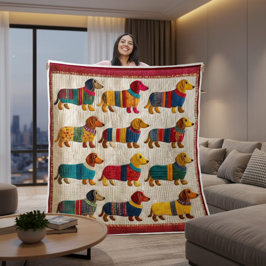 Dachshund Quilt Blanket, Colorful Dog Blanket, Dog Lover Gift, Cozy Printed Quilted Bed Blanket
