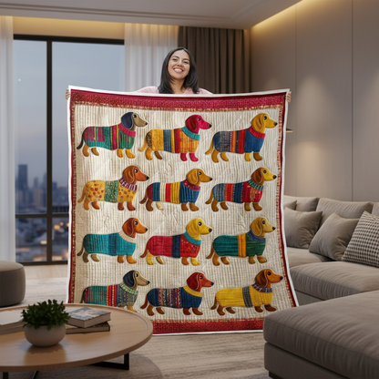 Dachshunds in Sweaters Quilt Blanket - Colorful Doxie Quilted Throw for Sofa & Bed - Gift For Dog Lovers
